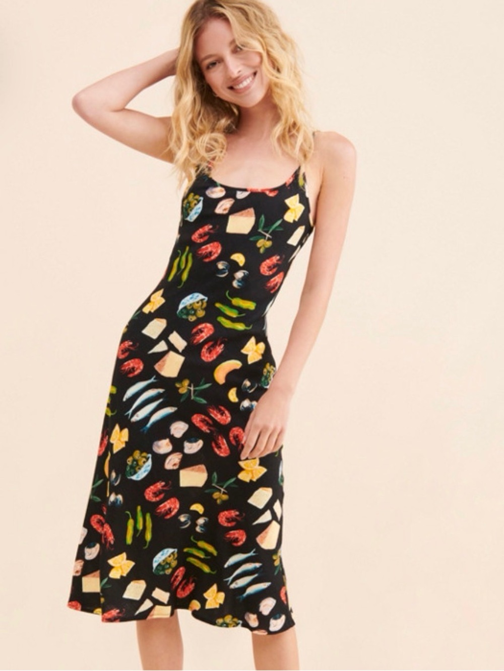 Lisa Says Gah Black Midi Dress Seafood Print